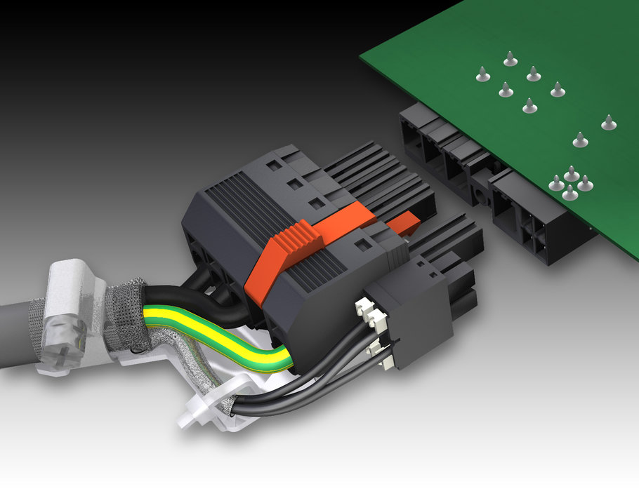 魏德米勒应用于印刷电路板的OMNIMATE大功率混合型BVF / SV 7.62HP Hybrid接插件 ——只需一次插拔，接插件可将混合电缆的电源线、信号线以及编织屏蔽层全部联接好。